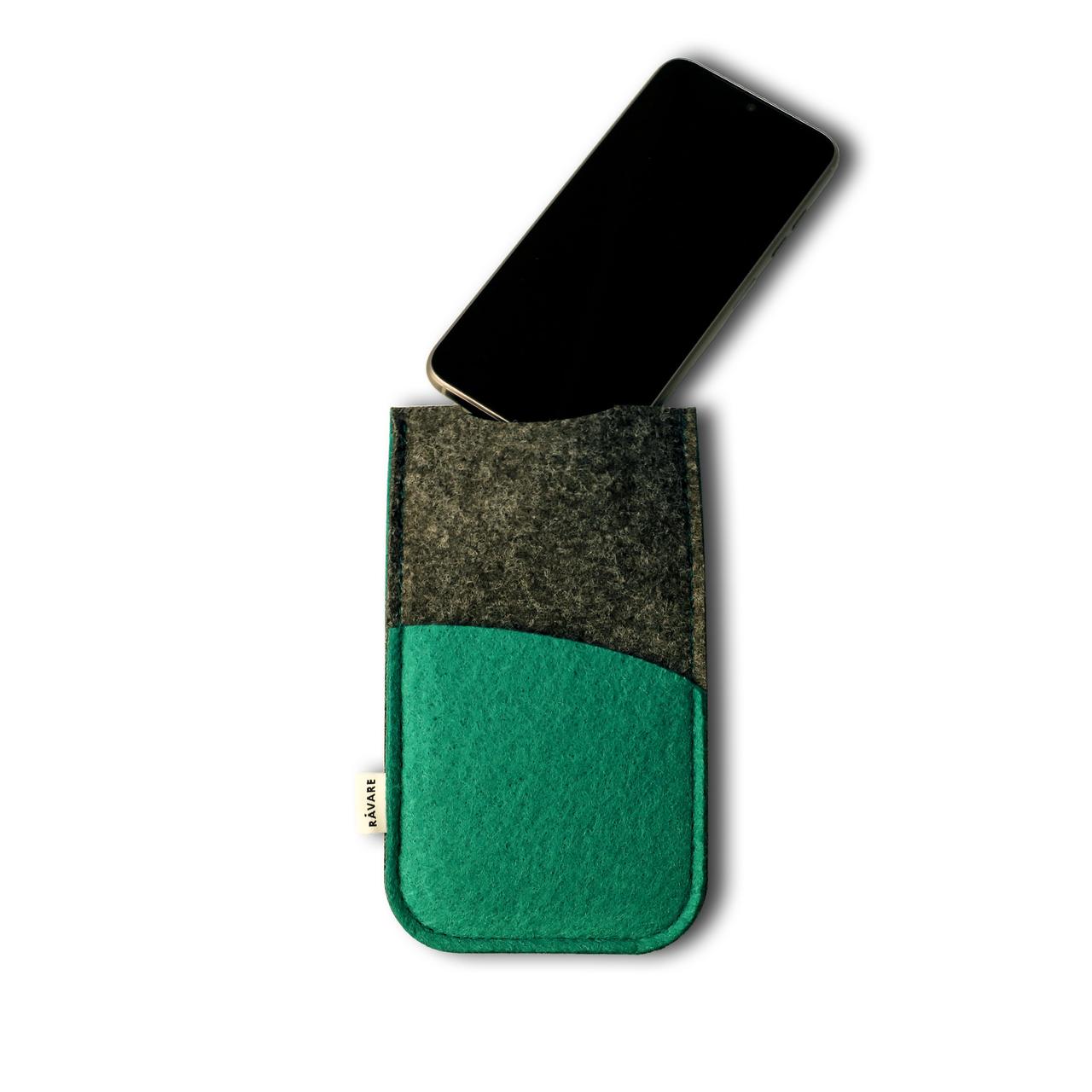 RÅVARE Handyhülle aus Filz für Fairphone 4 mit Fronttasche in waldgrün und grau