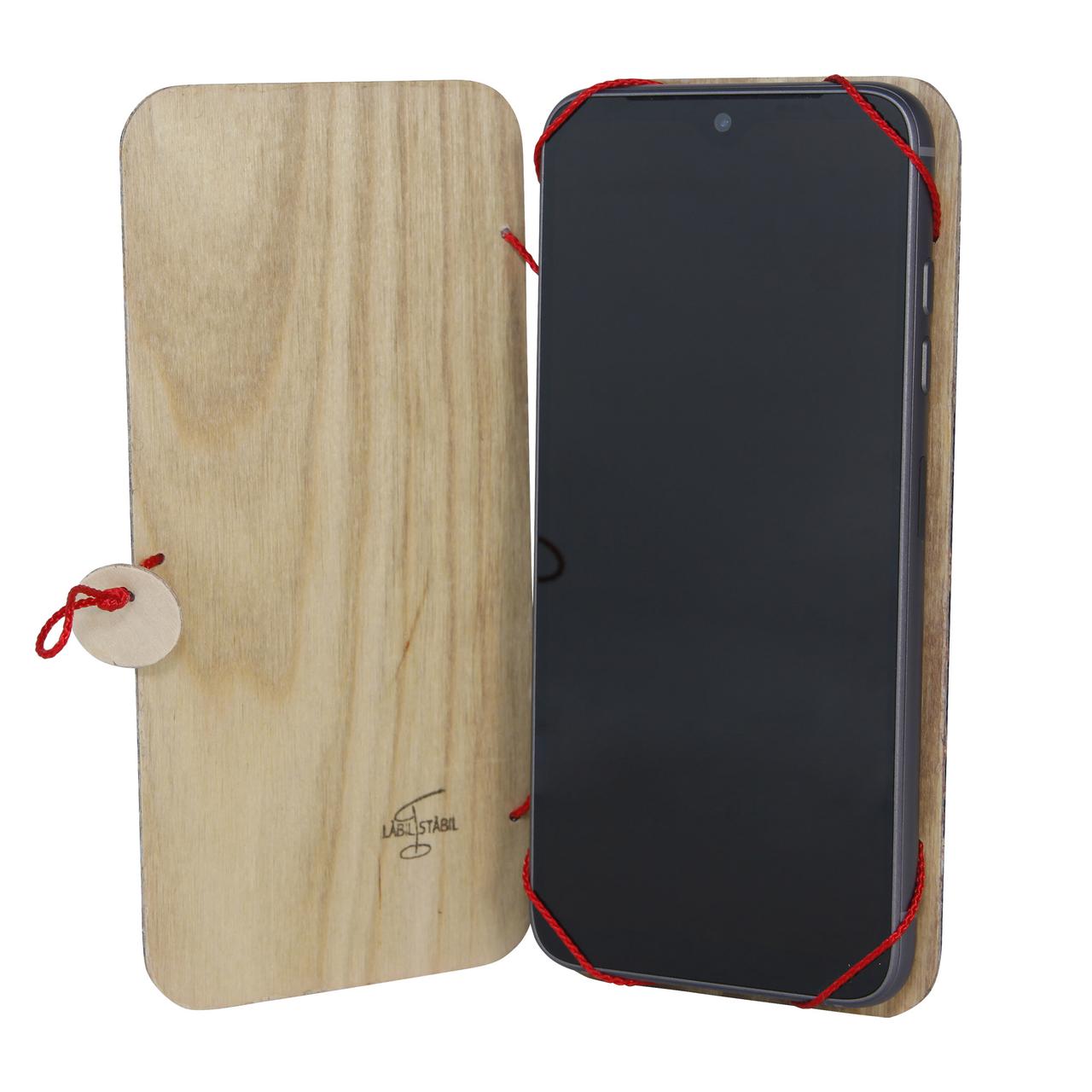 Fairphone 4 Klapphülle umweltfreundliches FSC-Holz und biologischer Filz, Innenansicht mit fairem Smartphone