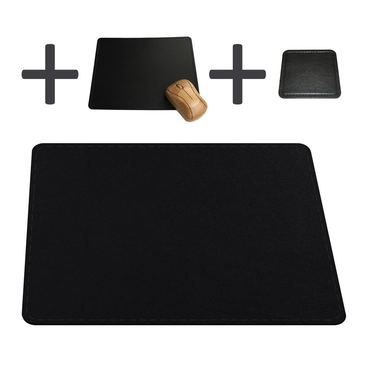 Set Schreibtischunterlage + Mousepad + Untersetzer Recyclingleder schwarz eckig