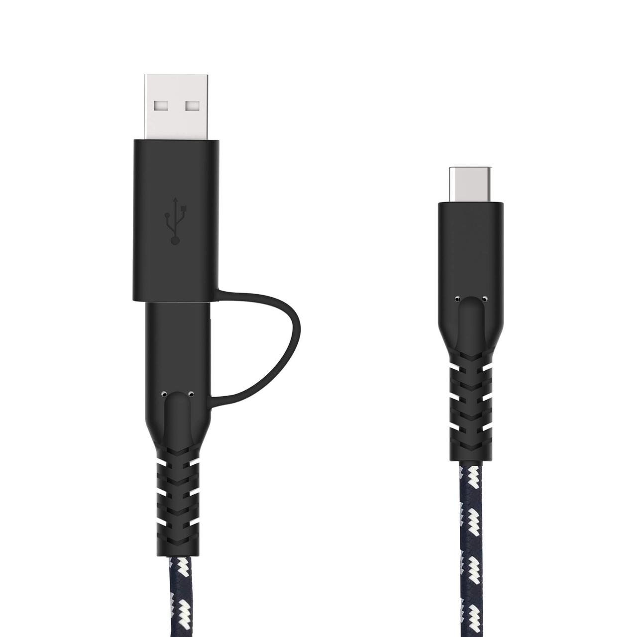 Recycling-Ladekabel mit USB-C Anschlüssen und Adapter auf USB-A